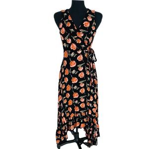 Francescas Woman S Maxi Wrap Dress Sleeveless Tie Waist Lined Black Pink Floral